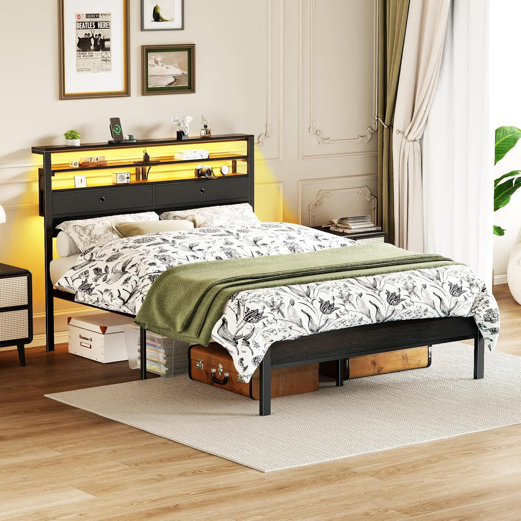 Furnulem Full Size Bed Frame with Headboard, 3-Tier Storage Shelves & 2 Fabric Drawers, Built-in Charging Station & RGB LED Lights, Metal Slat Support, No Box Spring Needed, Easy Assembly, Black Oak