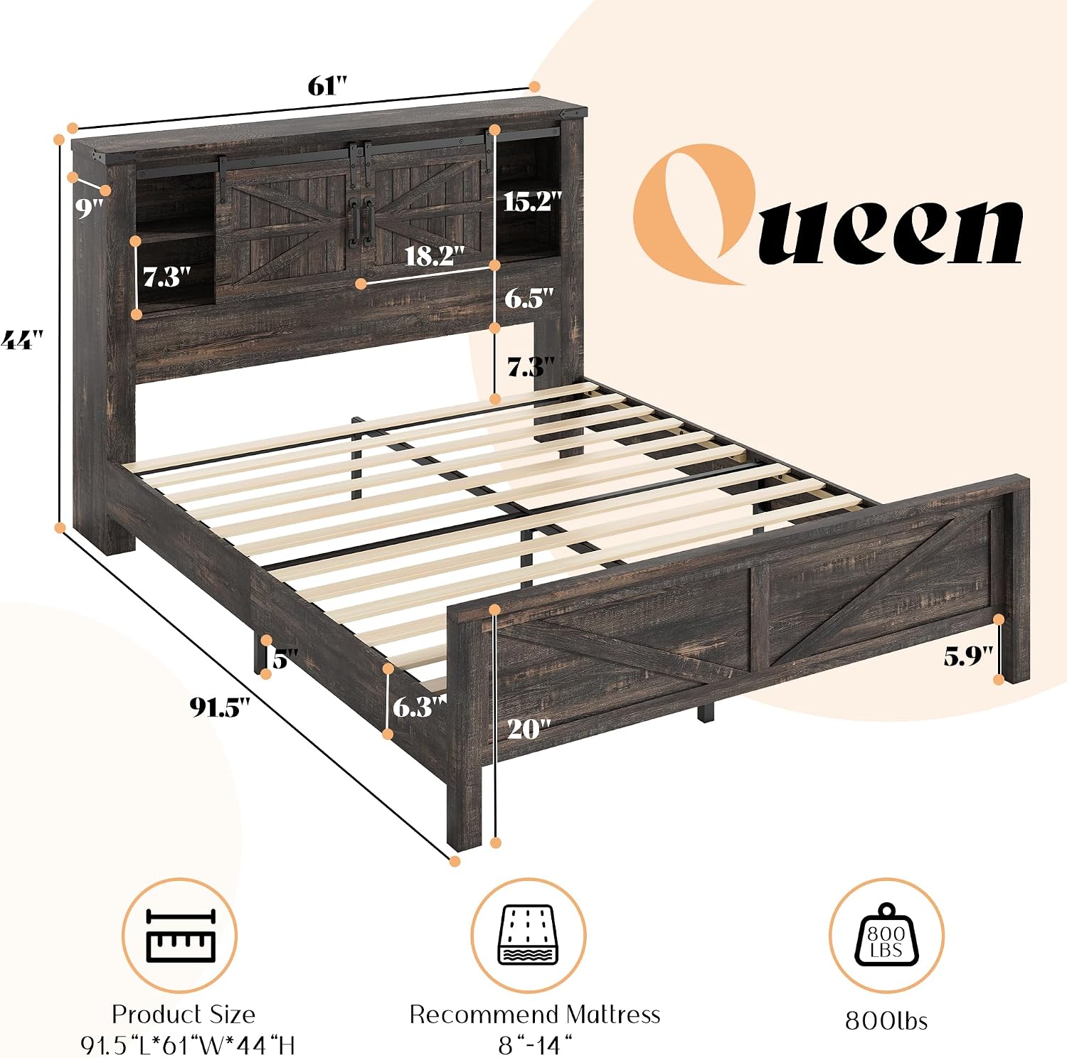 AMERLIFE 4-Piece Farmhouse Bedroom Set in Black Oak, Queen Size Bed Frame with Bookcase Headboard, 5-Drawer Tall Dresser, 47'' Dresser with 4 Drawers, 60' Dresser with 4 Drawers