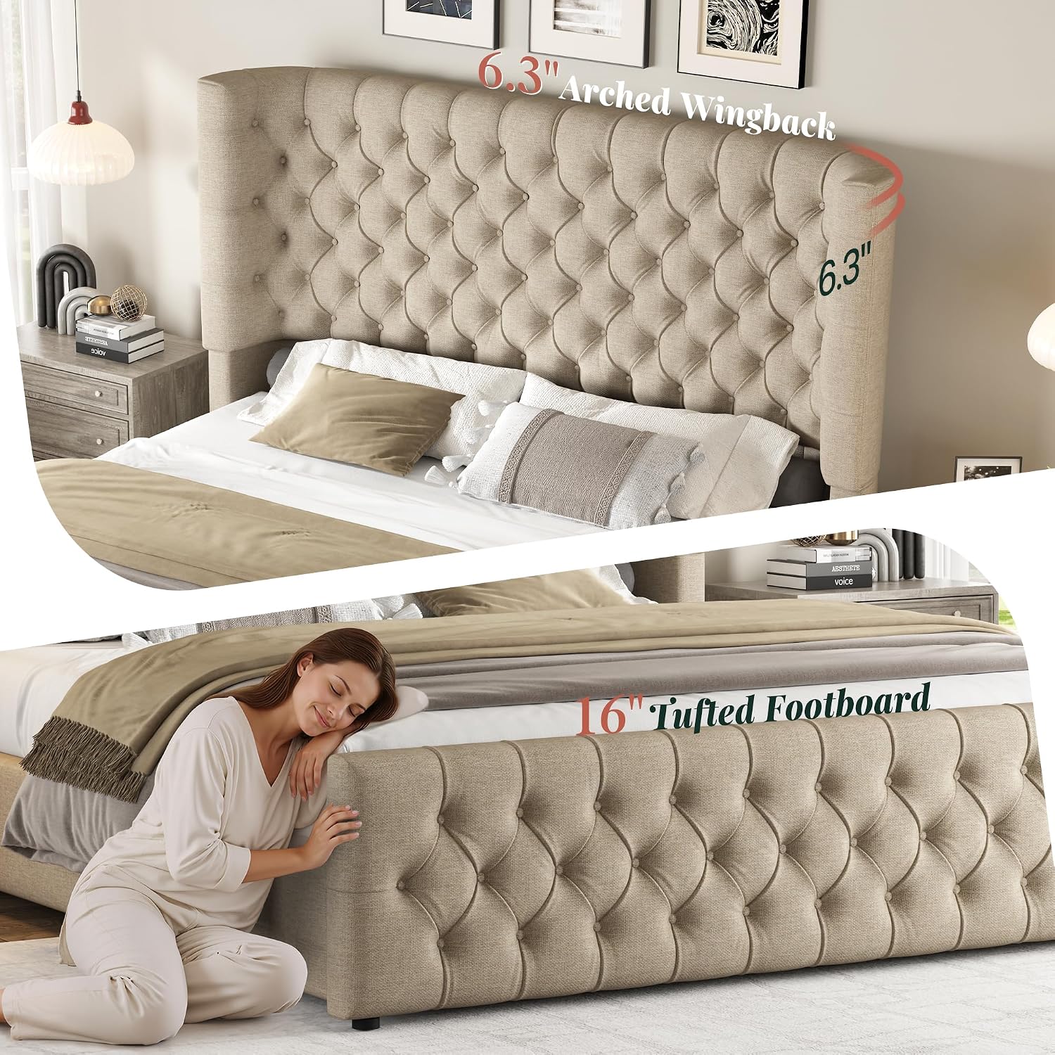 Jocisland King Size Platform Bed Frame, 6.3' Thick Upholstered Curved Wingback Headboard and Footboard with Deep Button Tufted, Easy Assembly, No Box Spring Needed, Khaki Linen