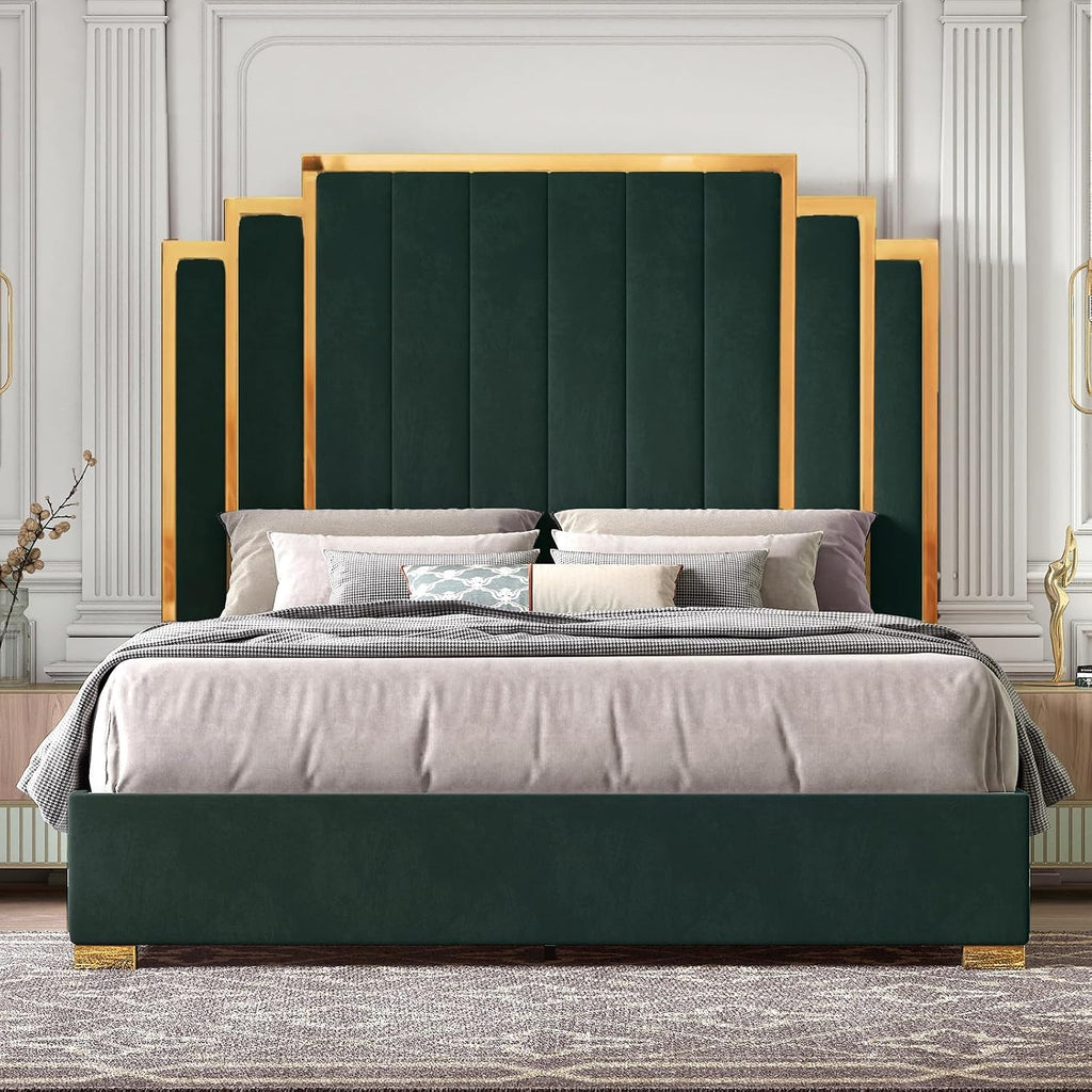HOWE King Size Bed Frame and 65' Headboard, Upholstered Bed with Golden Plating Trim, Modern Platform Bed No Box Spring Needed, Green