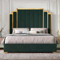 HOWE King Size Bed Frame and 65' Headboard, Upholstered Bed with Golden Plating Trim, Modern Platform Bed No Box Spring Needed, Green