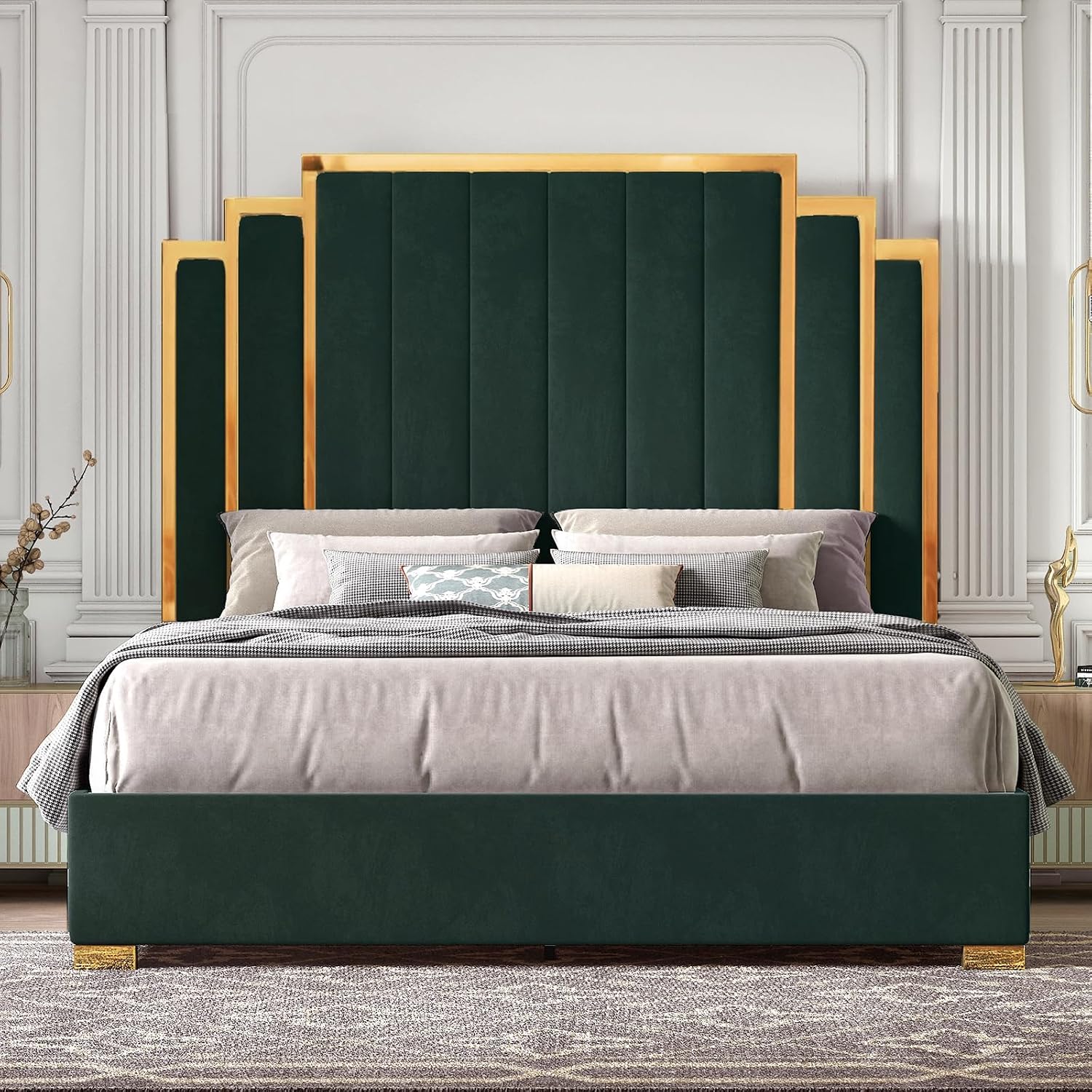 HOWE King Size Bed Frame and 65' Headboard, Upholstered Bed with Golden Plating Trim, Modern Platform Bed No Box Spring Needed, Green