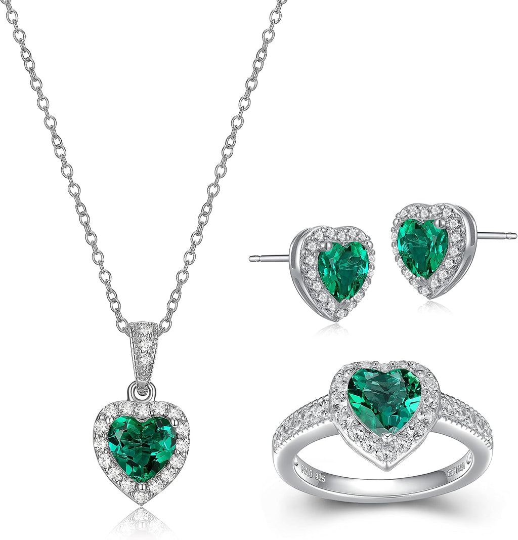 MORGAN & PAIGE .925 Sterling Silver Gemstones and White Sapphire Halo Heart Pendant Necklace, Ring and Stud Earrings for Women Set - Birthstone Jewelry Sets for Women, 18in Cable Chain, Size 7 Ring