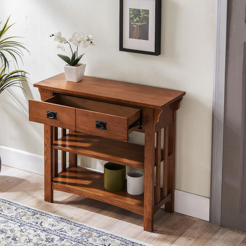 Leick Home Mission Impeccable Bookshelf, Solid Wood, 2 Drawers, 2 Shelves, Slatted Sides, Blackened Hardware, Easy Assembly, Russet Brown, 12 in D x 34 in W x 30 in H, Item 8261