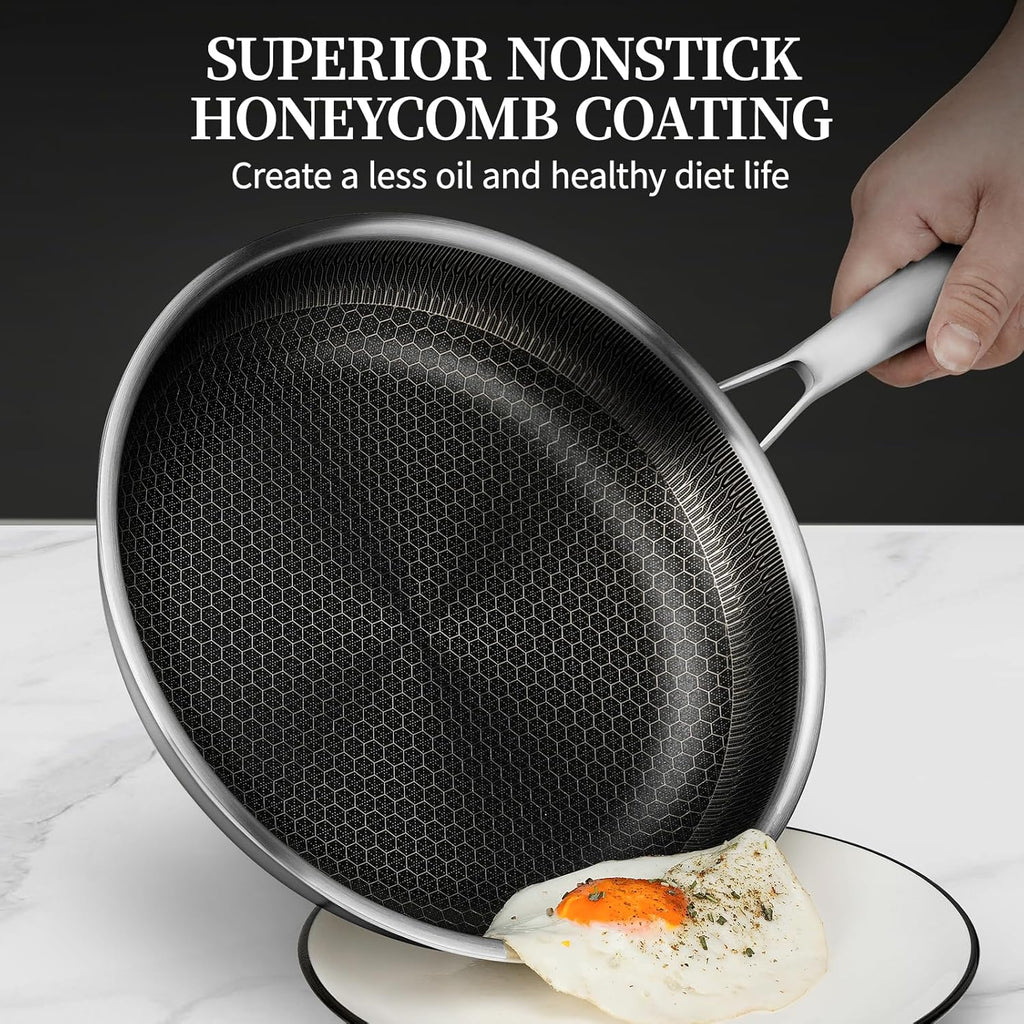 6 Pieces Stainless Steel Frying Pan Set with Lids, Honeycomb Nonstick Frying Pan Set 3 Pcs,Induction Skillet Set Egg Omelette Frying Pan Sets W/Lid, Induction Compatible, PFOA Free