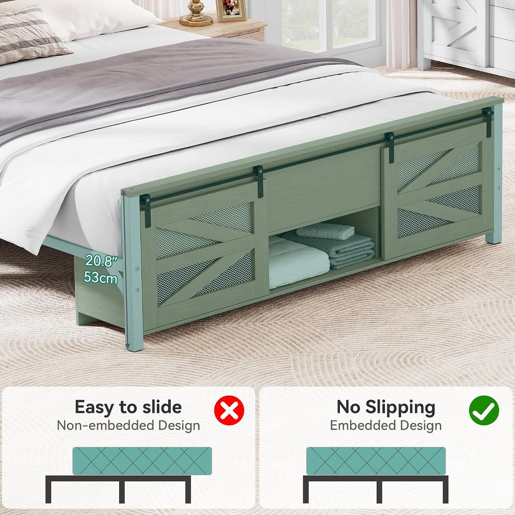 YITAHOME Queen Size Farmhouse Wood Bed Frame with Sliding Barn Door Storage Cabinets and Headboard, Solid Wood Slats Support, Noiseless, No Box Spring Needed, Rustic Brown