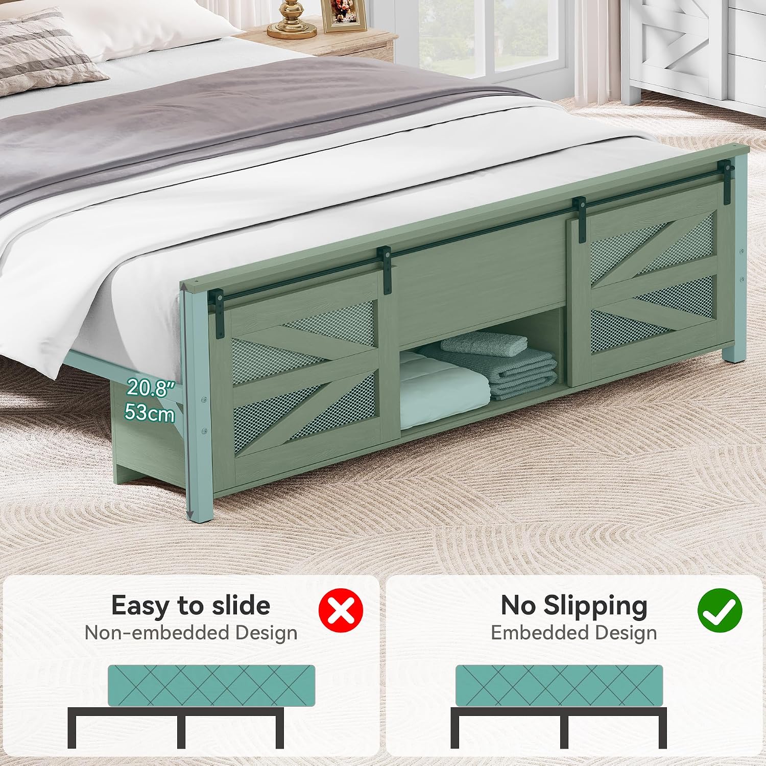 YITAHOME Queen Size Farmhouse Wood Bed Frame with Sliding Barn Door Storage Cabinets and Headboard, Solid Wood Slats Support, Noiseless, No Box Spring Needed, Rustic Brown