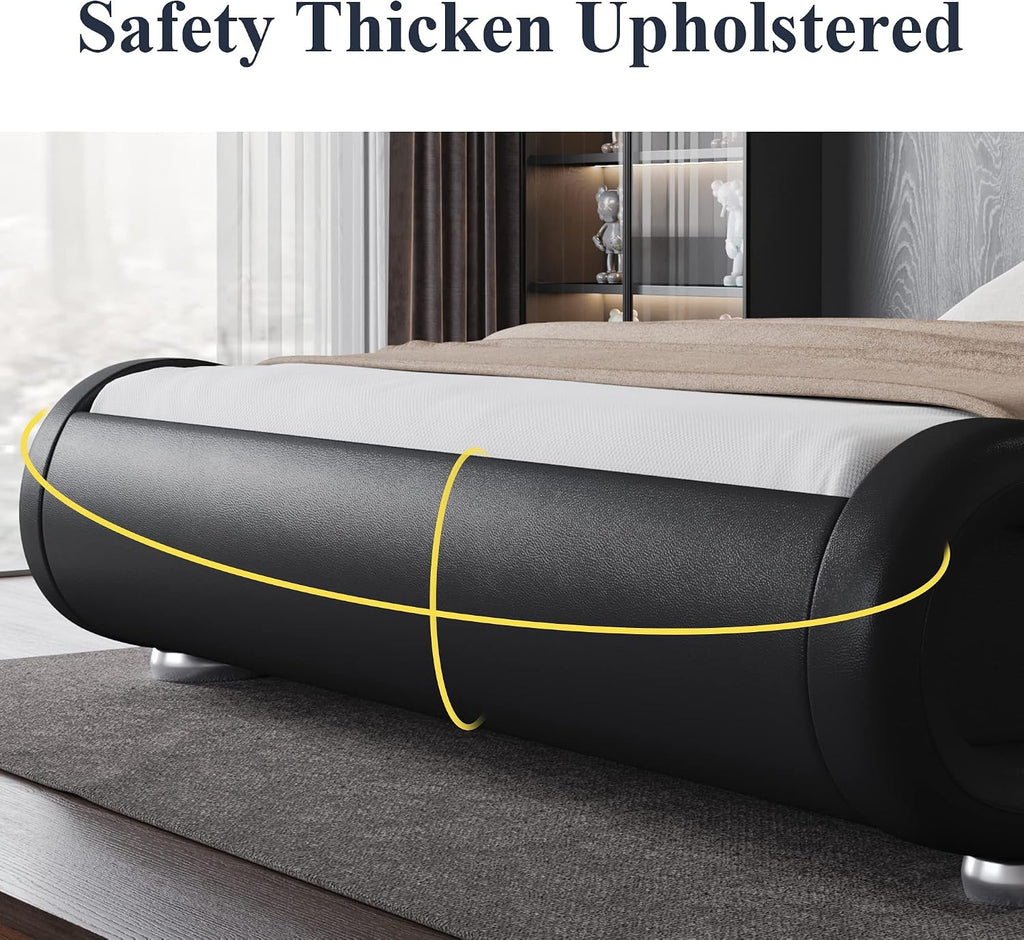 Allewie King Size Upholstered Platform Bed Frame with Ergonomic & Adjustable Headboard, Low Profile Sleigh Design for Elegant Bedroom - No Box Spring Needed, Easy Assembly, Black