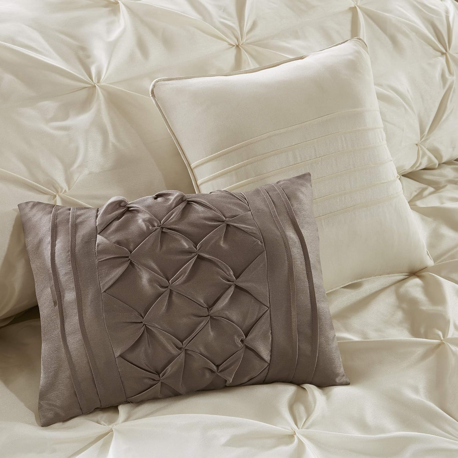 Madison Park Essentials Room in a Bag Faux Silk Comforter Set - Luxe Diamond Tufting All Season Bedding, Matching Curtains, Decorative Pillows, Ivory King(104'x92') 24 Piece