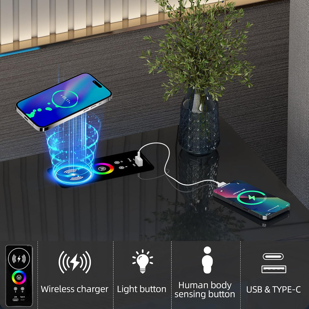 Lvifur Smart Nightstand Set of 2 - LED Night Stand with RGB Lights, Modern Bedside Table with Charging Station for Bedroom, Glossy End Table with Human Body Induction (Black)