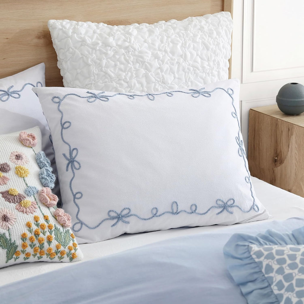 Peri Home Bows Bedding Cottage Core 100% Cotton 3-Piece Comforter and Sham Set, Full/Queen, Blue Sasha Bows