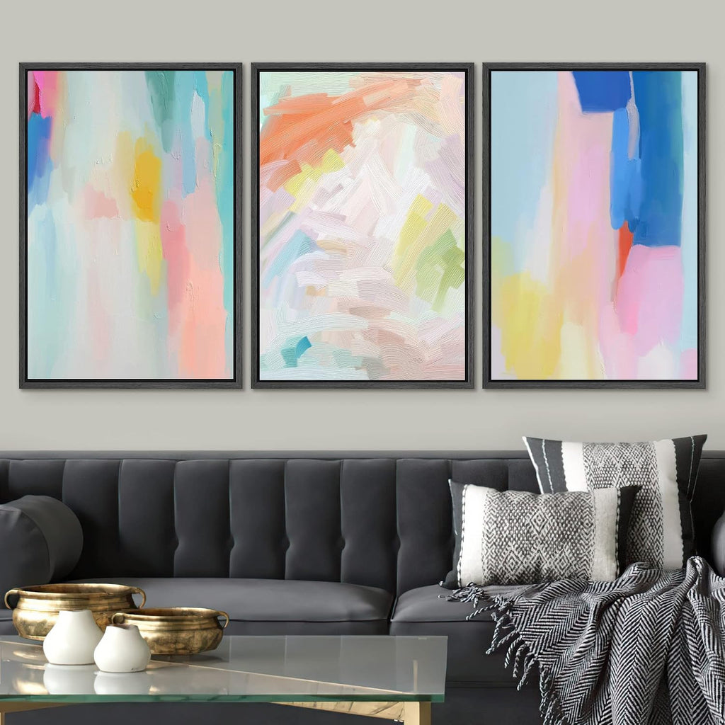 SIGNWIN Framed Canvas Print Wall Art Set Watercolor Pastel Rainbow Paint Stroke Shapes Abstract Illustrations Modern Art Decorative Nordic Calm/Zen for Living Room, Bedroom, Office - 16'x24'x3 Black