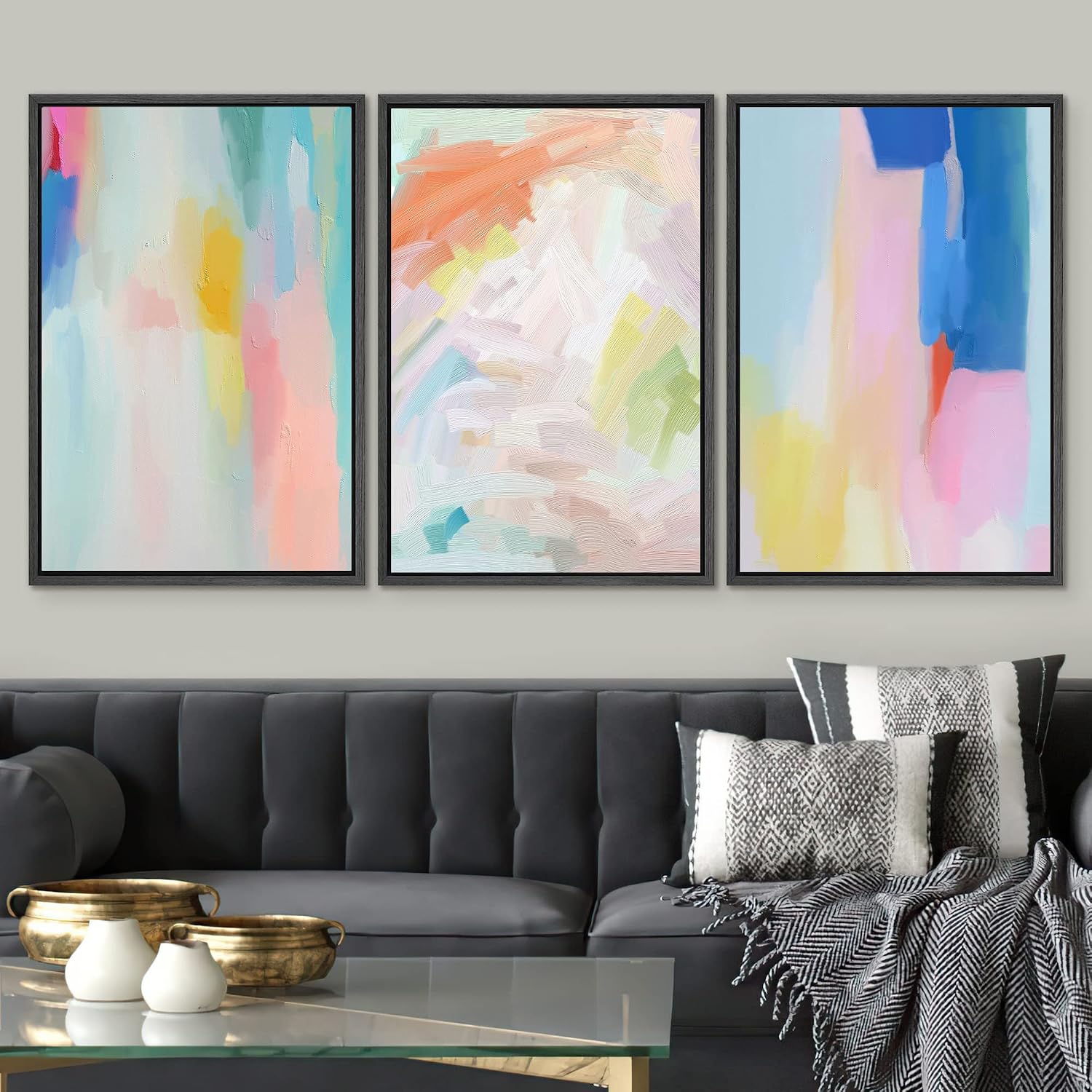 SIGNWIN Framed Canvas Print Wall Art Set Watercolor Pastel Rainbow Paint Stroke Shapes Abstract Illustrations Modern Art Decorative Nordic Calm/Zen for Living Room, Bedroom, Office - 16'x24'x3 Black