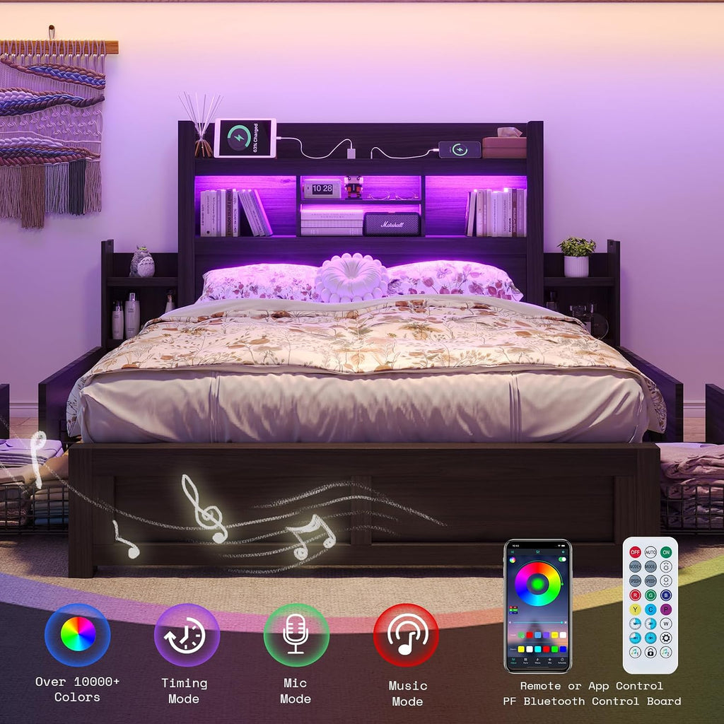 LUXOAK Full Bed Frame with 49.6' Bookcase Headboard & 2 Bedside Stoage Racks & 4 Drawers, Farmhouse Wood Bed Frame with RGB LED & Charging Station, No Box Spring Needed, Black