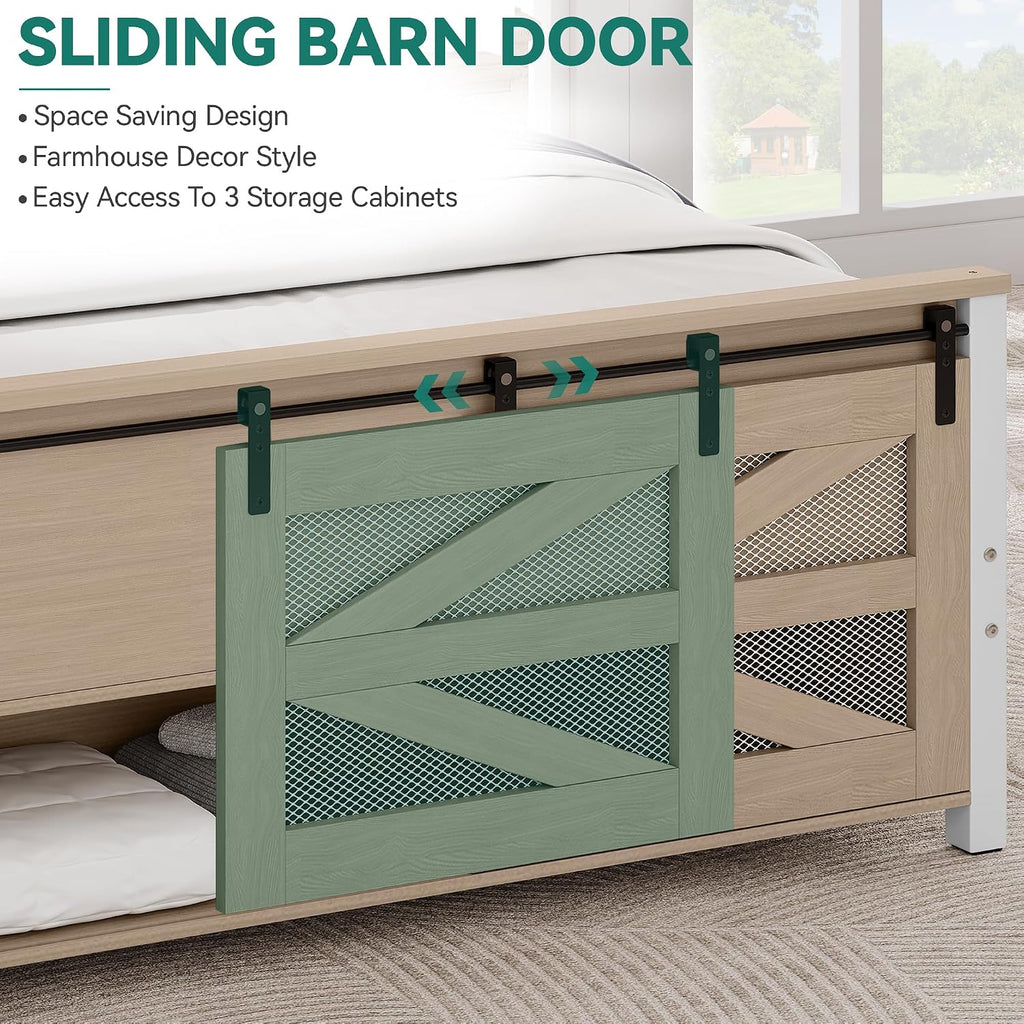 YITAHOME Queen Size Farmhouse Wood Bed Frame with Sliding Barn Door Storage Cabinets and Headboard, Solid Wood Slats Support, Noiseless, No Box Spring Needed, Rustic Brown