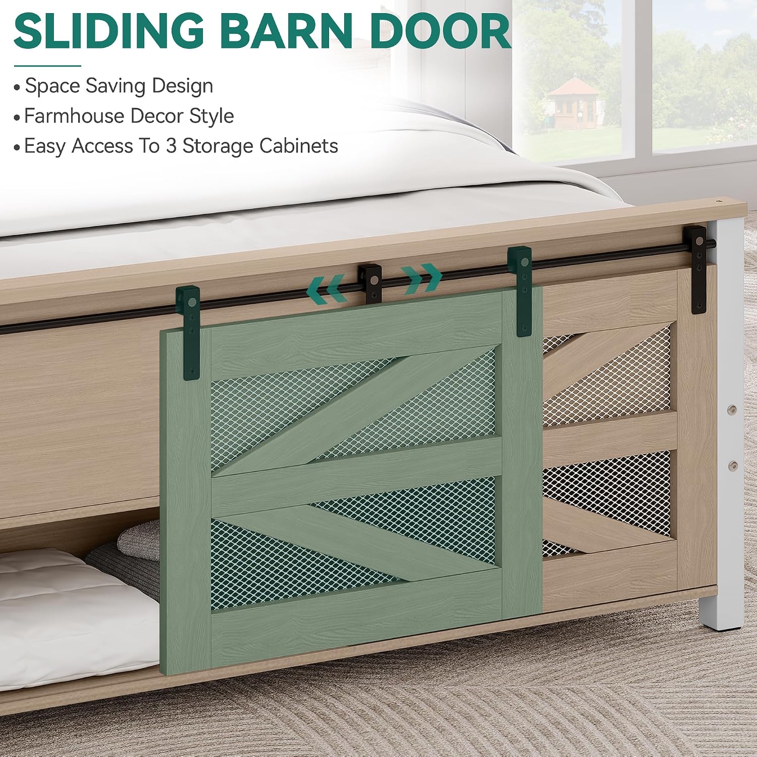 YITAHOME Queen Size Farmhouse Wood Bed Frame with Sliding Barn Door Storage Cabinets and Headboard, Solid Wood Slats Support, Noiseless, No Box Spring Needed, Rustic Brown