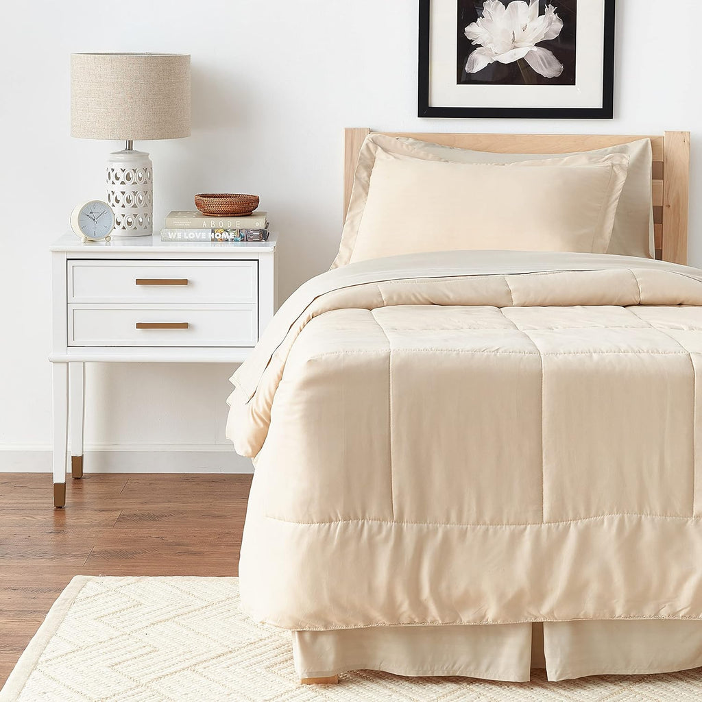 Sweet Home Collection 6 Piece Bed in a Bag with Dobby Stripe Comforter, Sheet Skirt, and Sham Set, Twin, Beige, 6, (Pack of 4)