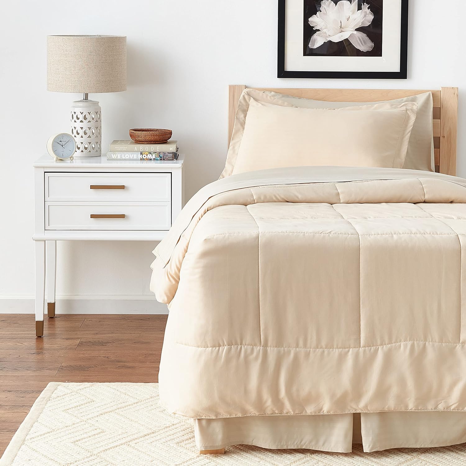 Sweet Home Collection 6 Piece Bed in a Bag with Dobby Stripe Comforter, Sheet Skirt, and Sham Set, Twin, Beige, 6, (Pack of 4)