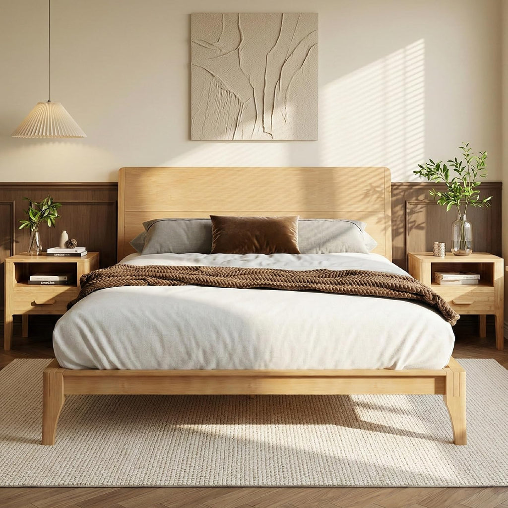 Merax 3 Pieces Bamboo Bedroom Sets, Mid-Century Modern King Size Platform Bed with Tall Headboard, Storage Drawer Night Stands Set, Wood Slats Support, No Box Spring Needed, Easy Assembly, Natural