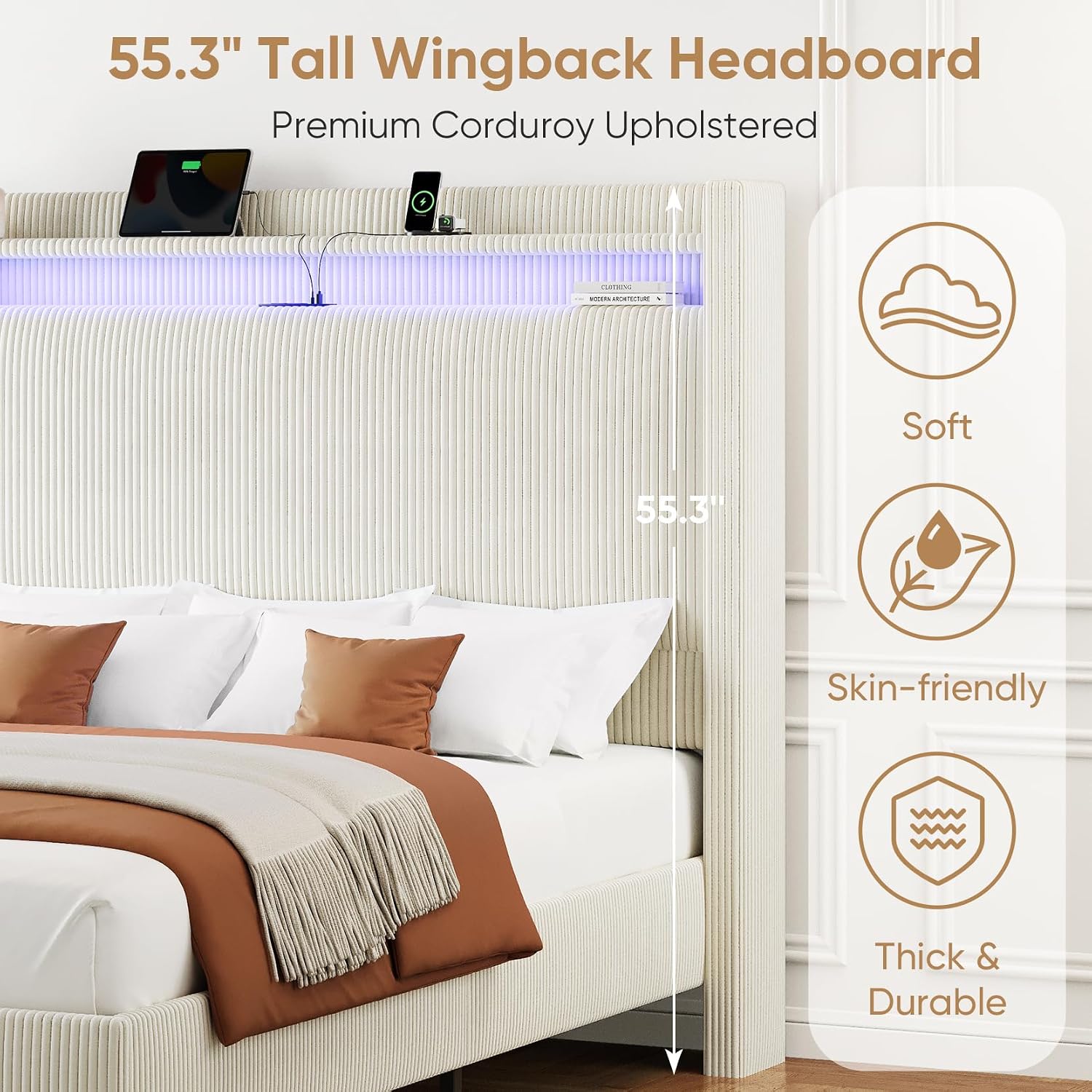 Full Size Bed Frame with Tall Headboard, 55.3' Corduroy Upholstered Platform Bedframe with LED Lights & Charging Station, Cream Full Beds, Wingback Storage Headboard, No Box Spring Needed, Wood Slats