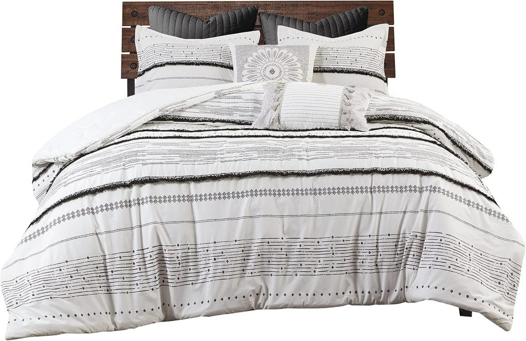 INK+IVY Luxurious Cotton-Bedding Set - Mid Century Trendy Geometric Design, All Season Cozy-Cover With Matching-Shams, King/Cal King, Nea Trims Black/Multi