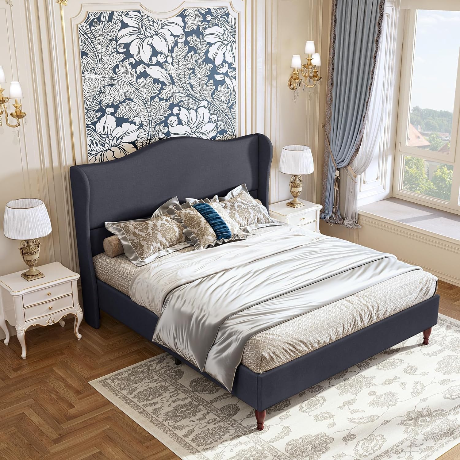 koorlian Full Size Bed Frame Upholstered Platform Bed with 51'' Tall Fabric Headboard and Wooden Slats Support, Retro Minimalist Style/Fully Upholstered/Easy Assembly, Dark Navy