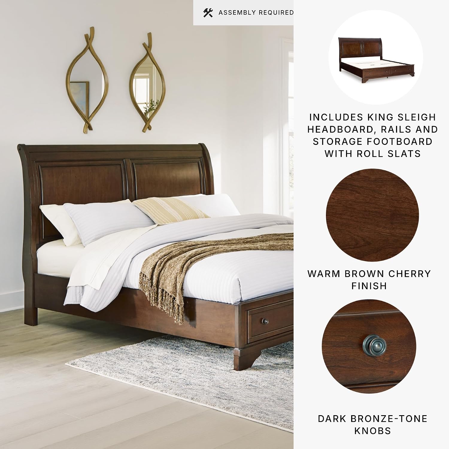 Signature Design by Ashley Trellington Traditional King Sleigh Storage Bed, Foundation or Box Spring Not Needed, Dark Brown
