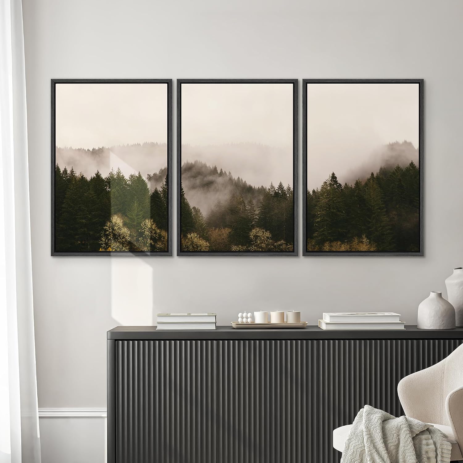 SIGNWIN 3 Piece Framed Canvas Wall Art Foggy Mountains Canvas Prints Home Decoration for Living Room,Bedroom - 24'x36'x3 Panels