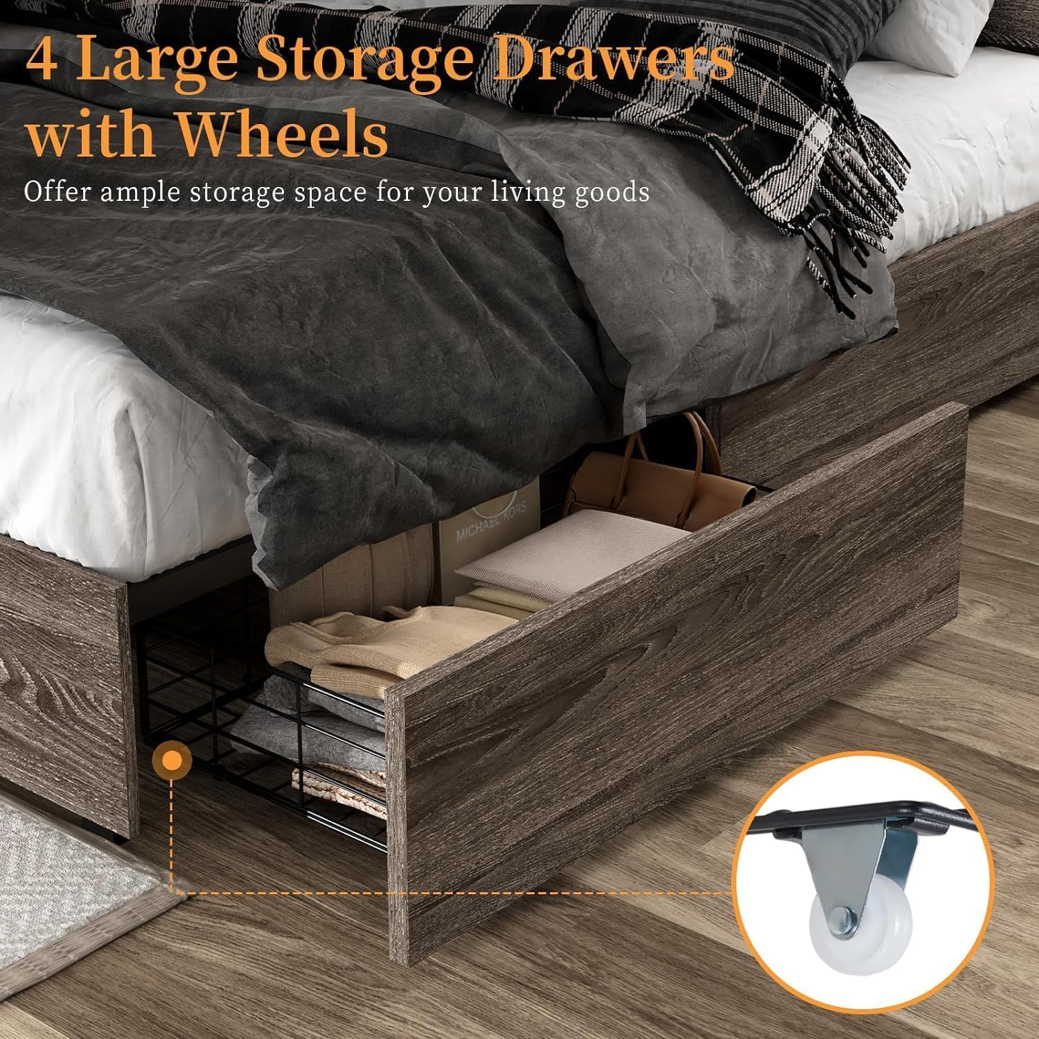 LUXOAK 2-Piece Farmhouse Bedroom Set, King Size Bookcase Bed Frame and 6 Drawers Dresser, Wooden Storage Bed with Charging Station & 4 Drawers, Rustic Chest of Drawers Closet for Bedroom, Grey
