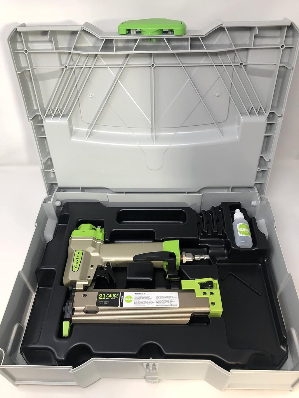 Cadex 21 gauge pin & brad nail gun up to 35mm (1-3/8') with built in blow gun and comes in Metaboxx stacking case.