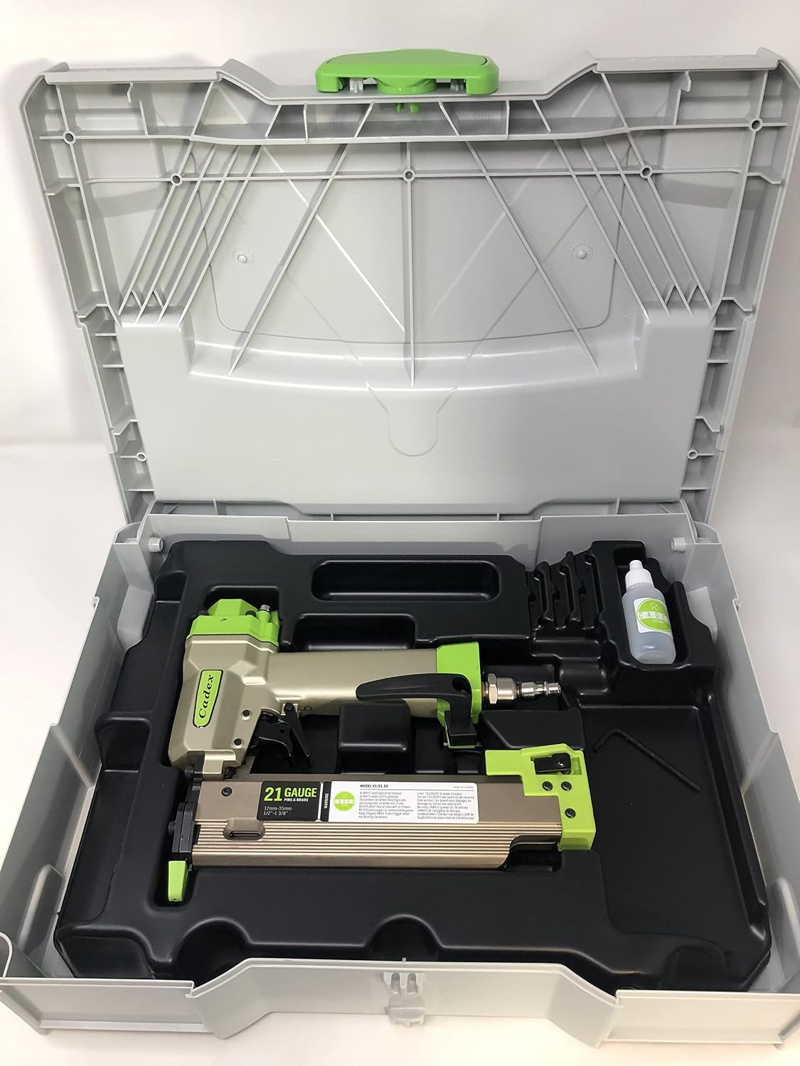 Cadex 21 gauge pin & brad nail gun up to 35mm (1-3/8') with built in blow gun and comes in Metaboxx stacking case.