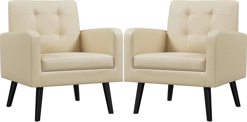 Yaheetech Mid-Century Accent Chairs, PU Leather Modern Upholstered Living Room Chair, Cozy Armchair Button Tufted Back and Wood Legs for Bedroom/Office/Cafe Beige 2PCS