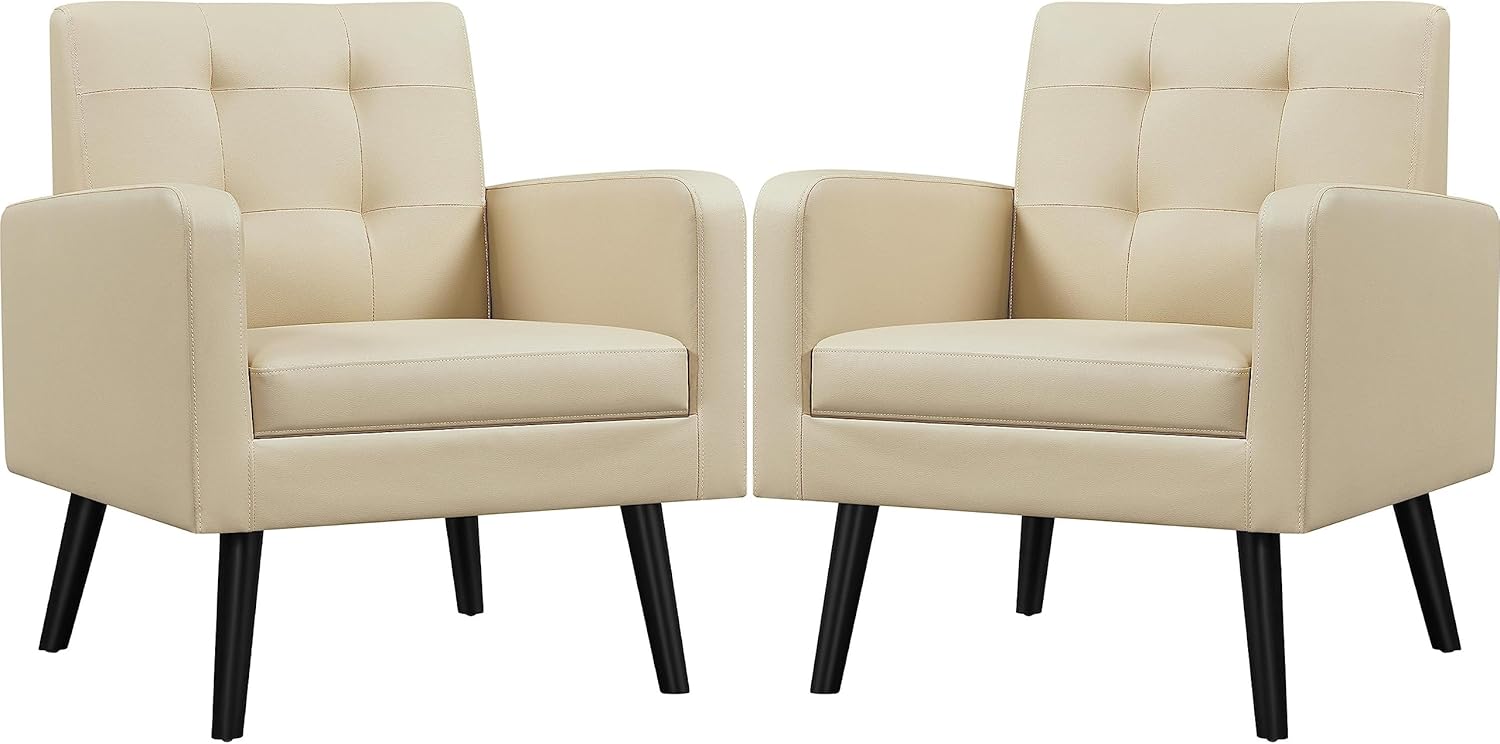 Yaheetech Mid-Century Accent Chairs, PU Leather Modern Upholstered Living Room Chair, Cozy Armchair Button Tufted Back and Wood Legs for Bedroom/Office/Cafe Beige 2PCS