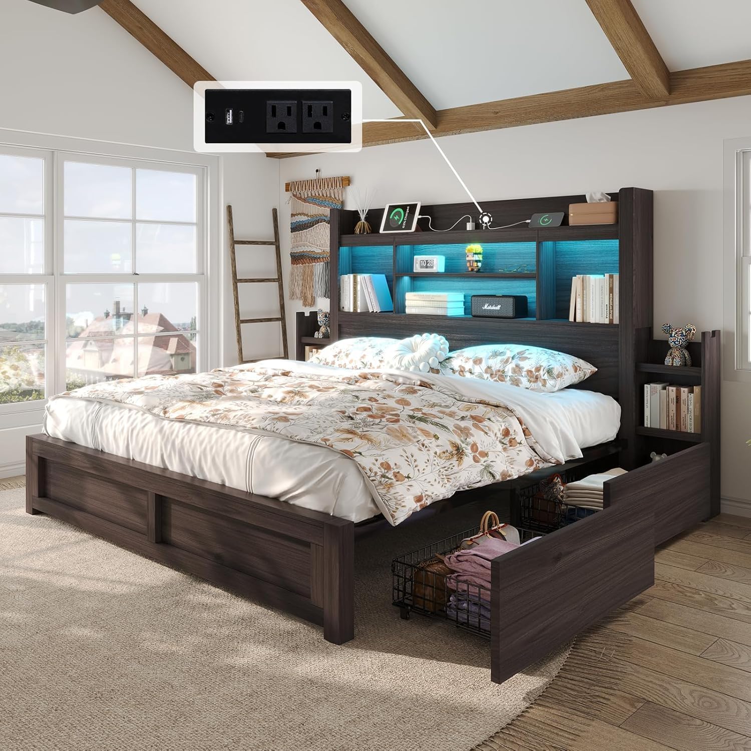 LUXOAK California King Bed Frame with 49.6' Bookcase Headboard & 2 Bedside Stoage Racks & 4 Drawers, Farmhouse Wood Bed Frame with RGB LED & Charging Station, No Box Spring Needed, Black