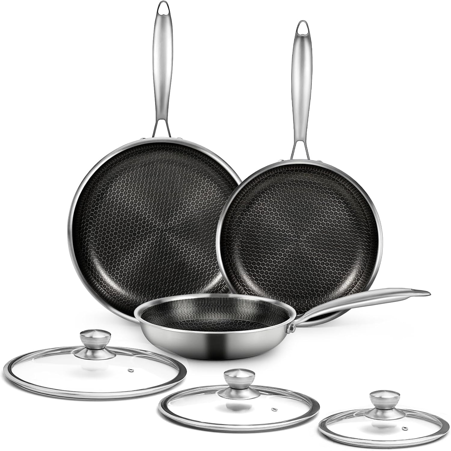 6 Pieces Stainless Steel Frying Pan Set with Lids, Honeycomb Nonstick Frying Pan Set 3 Pcs,Induction Skillet Set Egg Omelette Frying Pan Sets W/Lid, Induction Compatible, PFOA Free