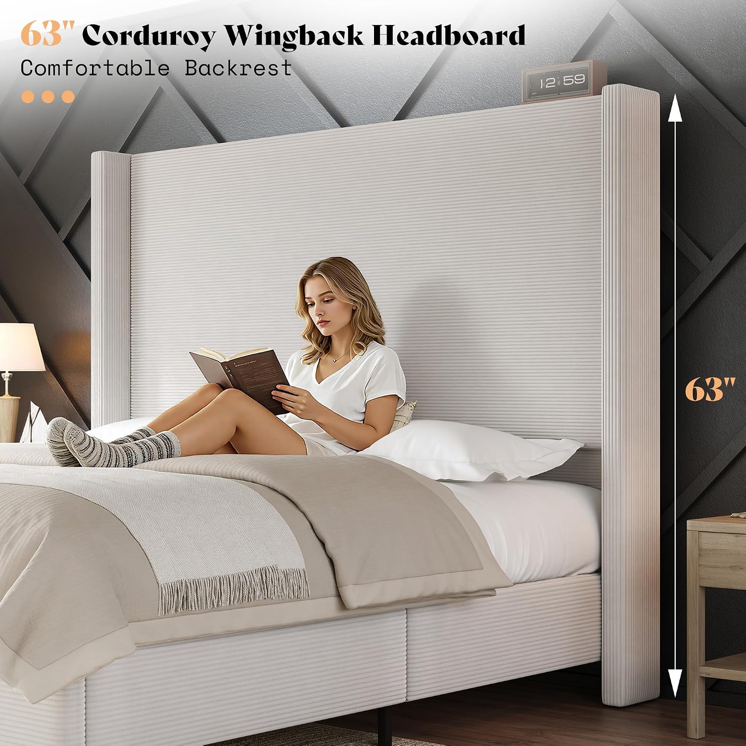 AMERLIFE Queen Bed Frame with 63' Tall Headboard, Upholstered Corduroy Bed Frame with Wingback, Platform Bed with Solid Wood Gourd Legs, Solid Slats, No Box Spring Needed, White
