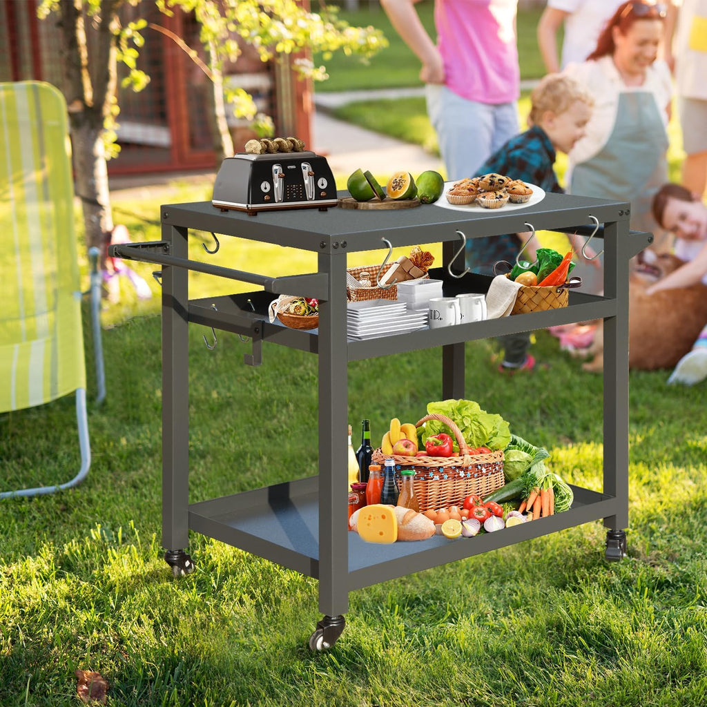 Domi 3-Tier Outdoor BBQ Grill Cart with Lockable Wheels | Portable Pizza Oven Stand & Food Prep Station | Compatible with Blackstone Griddle & Propane Tanks | All-Weather Patio Cooking cente