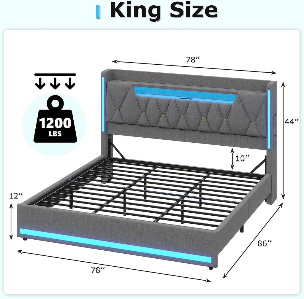 busyaeh King Size Bed Frame with Marshmallow Headboard and Storage, King Bed Frame with LED Lights & Charging Station, Upholstered Platform Bed with Metal Support, No Noise, No Box Spring Needed,Gray