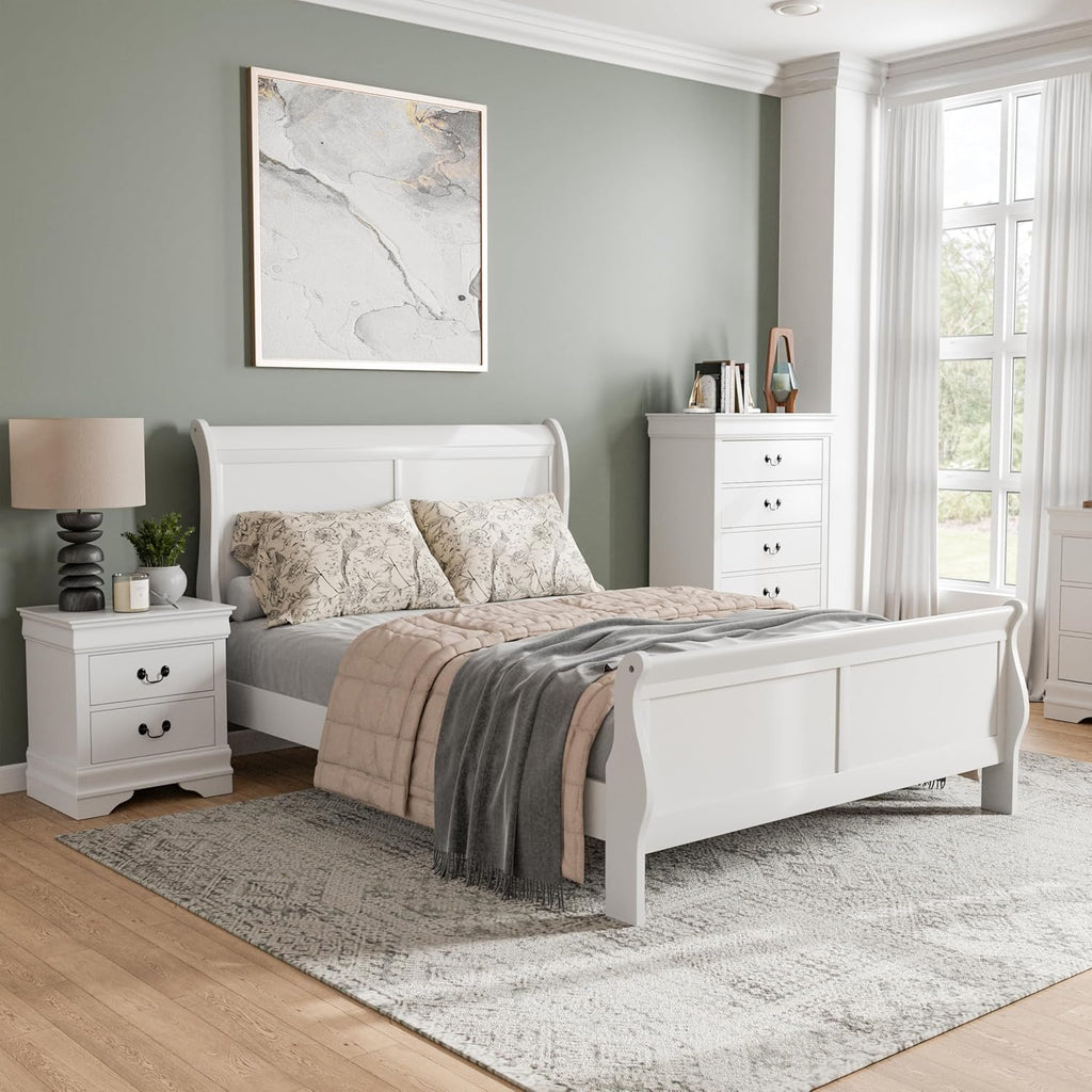 Furniture of America Arabella Traditional Solid Wood 3 Piece Bedroom Set, King Bed Frame, Nightstand, and Chest, Chic Sleigh Design Bedframe with Headboard and Footboard, Box Spring Needed, White