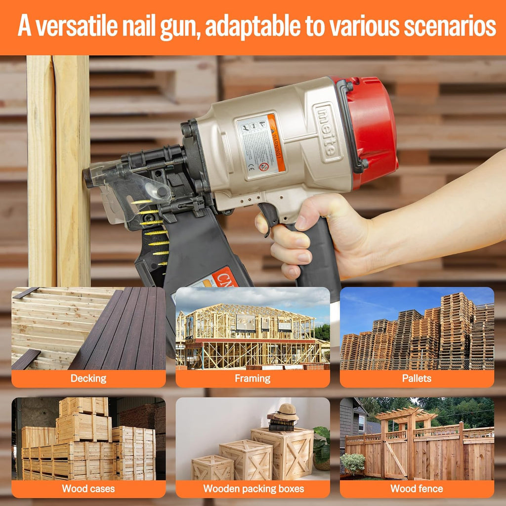 meite CN70B Pneumatic Coil Nailer 15/16 Degree 1-3/4 Inch to 2-3/4 Inch Air Nail Gun, Coil Nail Magazine 300PCS, Heavy Duty Pallet Framing Coil Nailer for Siding Sheathing Wooding Fencing Decking