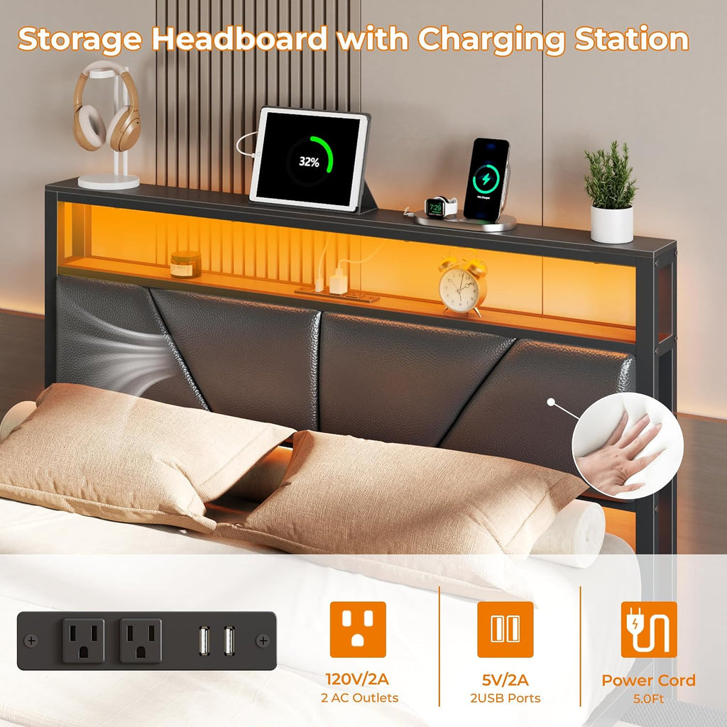 OURPIC Full Size Bed Frame, 2-Tier Storage Headboard & 6 Fabric Drawers, PU Leather Upholstered Platform Bed Frame Full with Charging Station and LED Lights, No Box Spring Needed, Noise Free