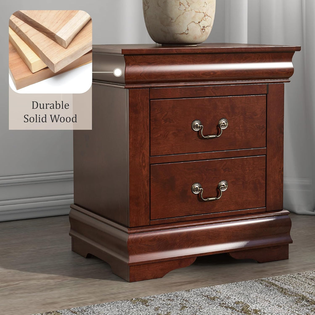Furniture of America Louis Phillipe Traditional Solid Wood 3 Piece Bedroom Set, Twin Bed Frame and Nightstands Set of 2, Chic Sleigh Bedframe with Headboard and Footboard, Box Spring Needed, Cherry