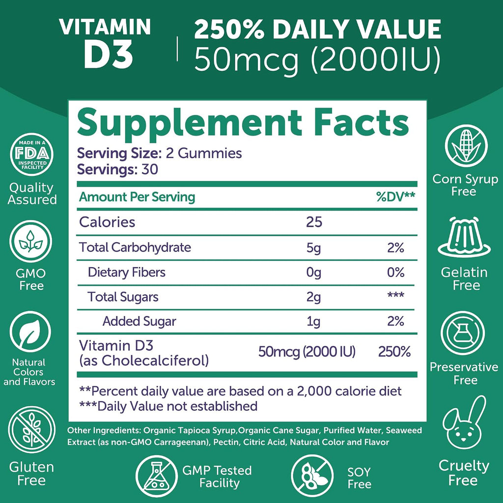 Lunakai USA Made Vitamin D3 Gummies 2000 IU - Non-GMO, Gluten-Free Vitamin D Gummies for Women & Men - Bone, Immune & Energy Support, 60ct, 6 Pack