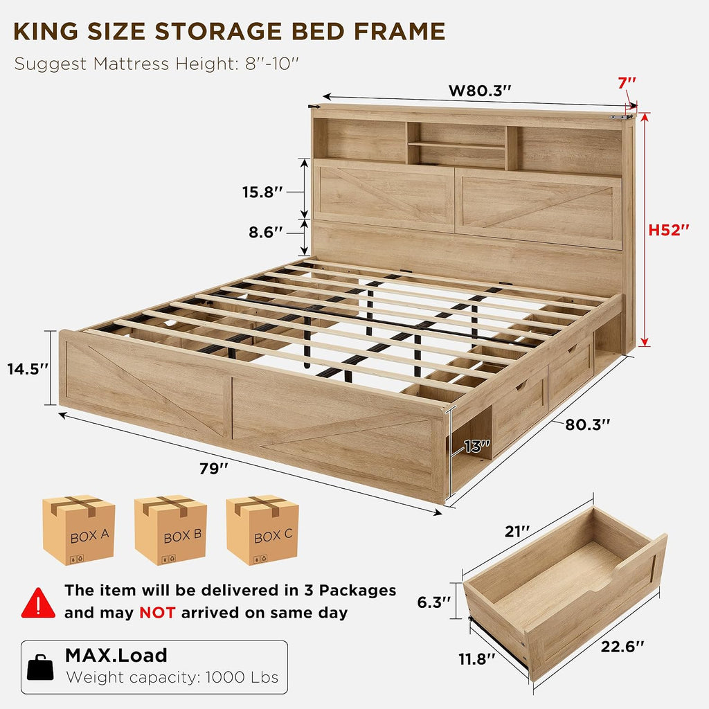 ACCOHOHO King Bed Frame with 52' Headboard and 4 Drawers,LED Light,Charging Station,Solid Wood Slats Support,No Box Spring Needed,Natural Oak