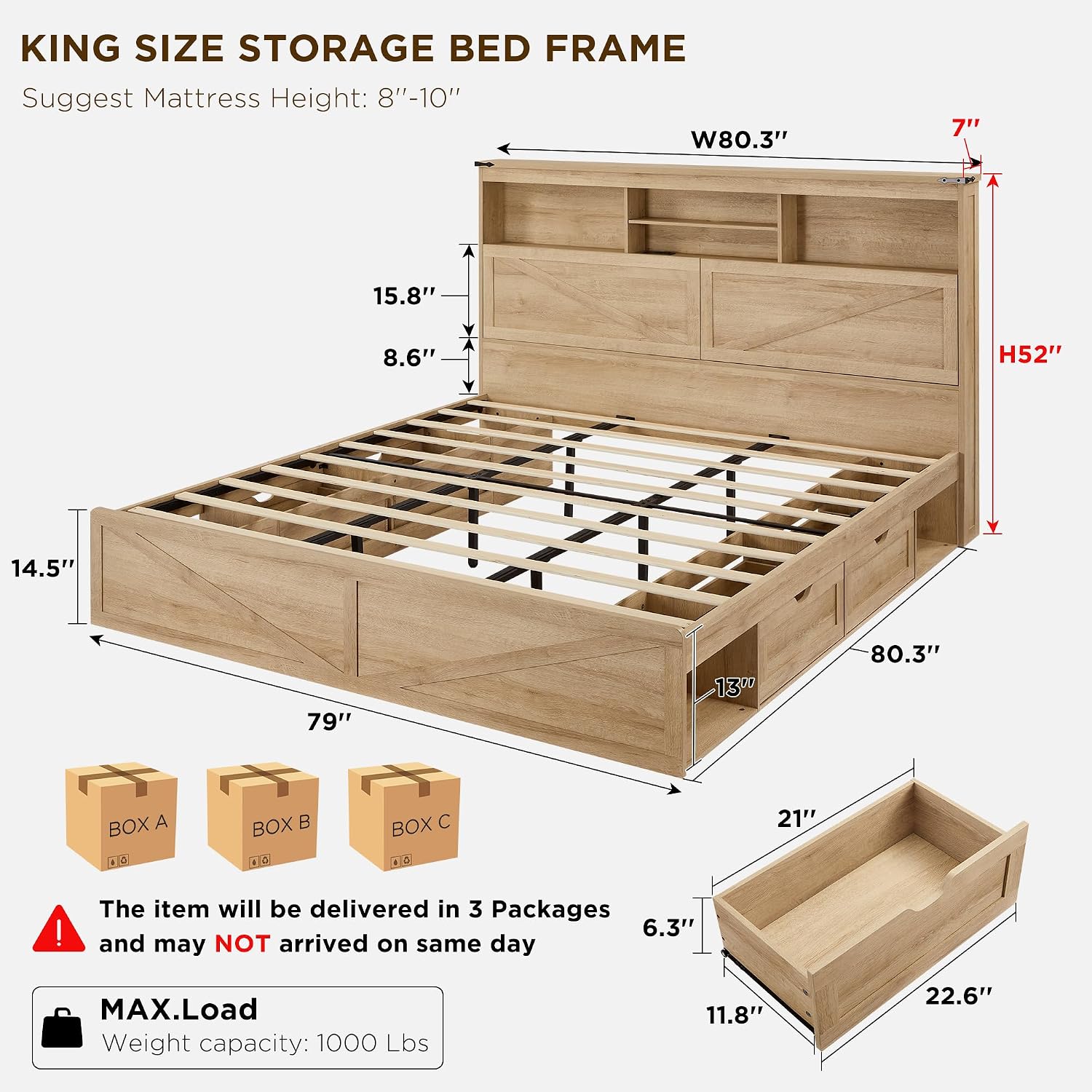ACCOHOHO King Bed Frame with 52' Headboard and 4 Drawers,LED Light,Charging Station,Solid Wood Slats Support,No Box Spring Needed,Natural Oak
