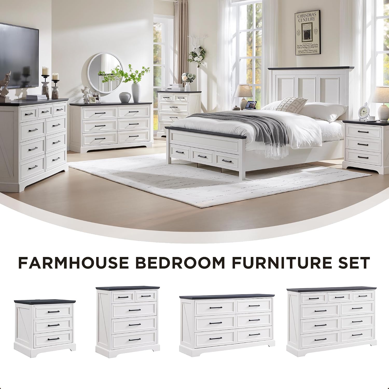 ACCOHOHO Farmhouse Queen Size Bed Frame with 52' Tall Headboard, Wood Platform Bedframe with Footboard and Storage Drawers, No Squeak, No Box Spring Needed, Off White