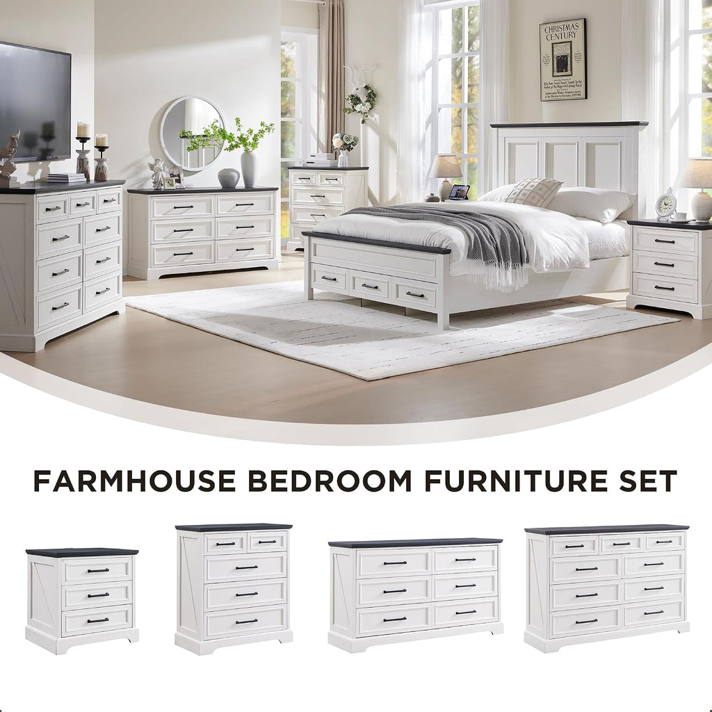 ACCOHOHO Farmhouse King Size Bed Frame with 52' Tall Headboard, Wood Platform Bedframe with Footboard and Storage Drawers, No Squeak, No Box Spring Needed, Off White