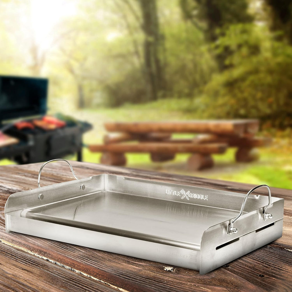 LITTLE GRIDDLE 100% Stainless Steel Griddle with Even Heat Cross Bracing and Removable Handles - For Grills, Camping, Tailgating, Silver, 25' x 16' x 6.5'