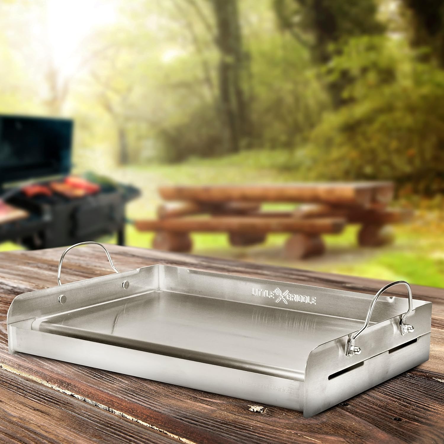 LITTLE GRIDDLE 100% Stainless Steel Griddle with Even Heat Cross Bracing and Removable Handles - For Grills, Camping, Tailgating, Silver, 25' x 16' x 6.5'