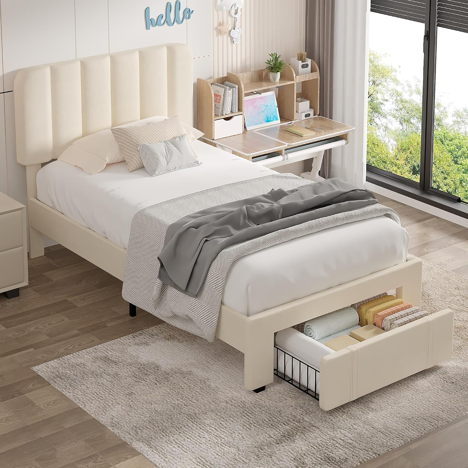 VECELO Twin Size Upholstered Bed Frame with Drawer and Headboard, Velvet Platform Storage Bedframe, Wooden Slats Support, No Box Spring Needed,Bone Beige